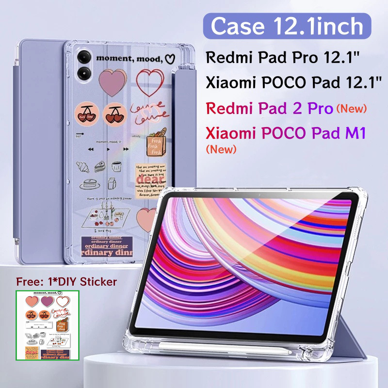 Ốp lưng Redmi Pad 2 Pro 12.1 inch 2025 Có khe cắm bút Vỏ máy tính bảng lật Màn hình khóa tự động Vỏ mềm trong suốt Xiaomi POCO Pad M1 12.1 "Tự động đánh thức / ngủ