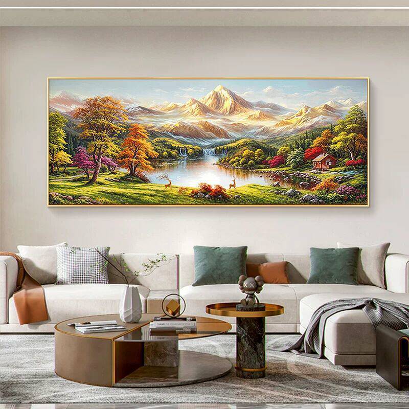 Phong Thủy Lưng Núi Vàng Canvas Treo Tường Nghệ Thuật Không Khung Bát Kho Báu Trang Trí Phong Cảnh Cho Phòng Khách