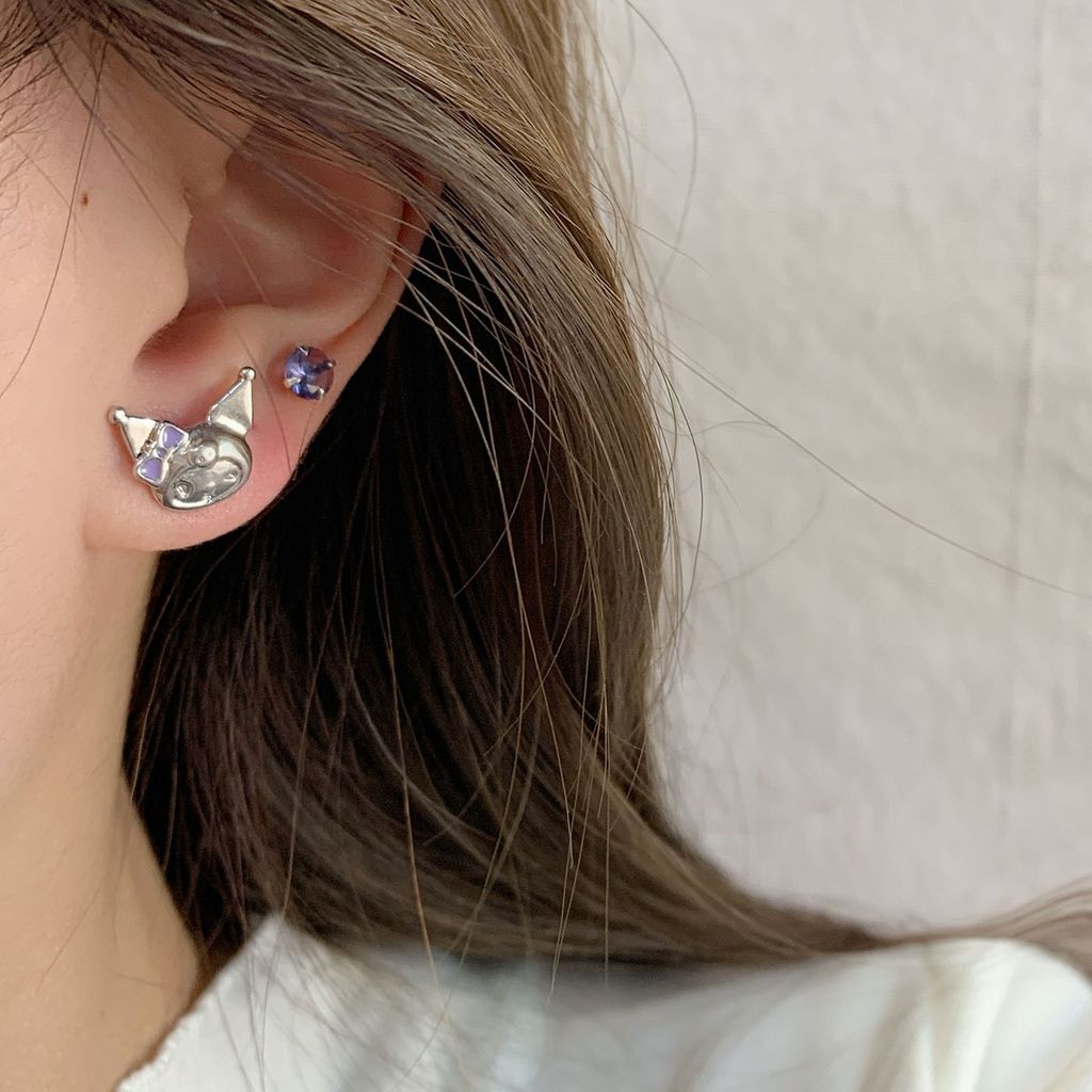 Hoạt Hình Ngọt Ngào Quỷ Nhỏ Tinh Tế Tím Kim Cương Thỏ Bông Tai Nữ Bạc Kim Niche Thiết Kế Trẻ Em Bông Tai Học Sinh