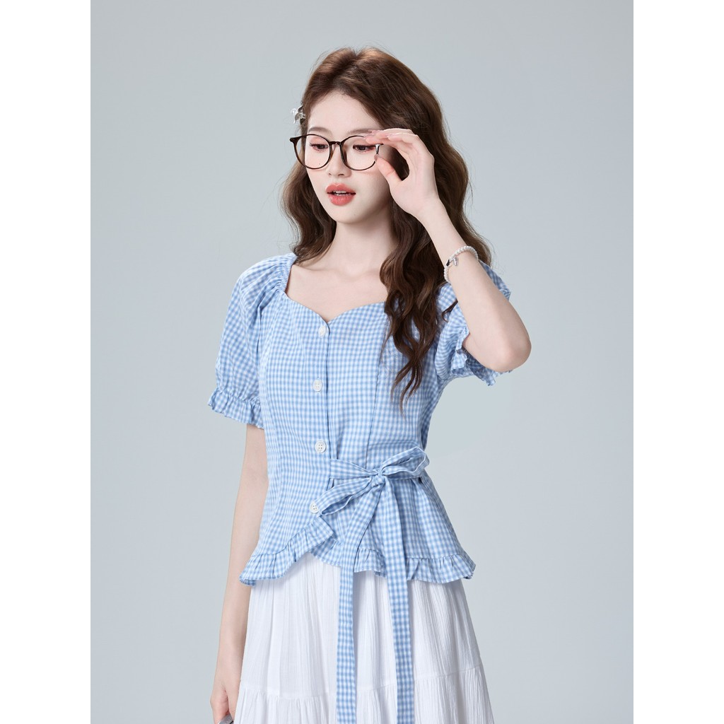 🔥 bm phong cách 🔥 có hàng sẵn mi tay ngắn nữ Hàn quốc retro 2026 eo Ngày phụ nữ Áo sơ mi cổ vuông kẻ sọc màu xanh, size lớn cho cô gái mũm mĩm, phù hợp mặc mùa hè