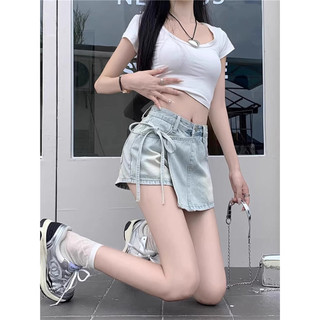 Quần short denim giả hai mảnh dành cho nữ, kiểu dáng chữ A cạp cao, thiết kế bất quy tắc, thời trang