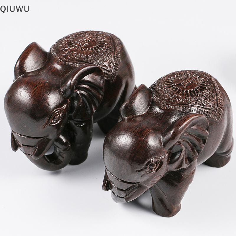 QIUWU Tượng Voi Sang Trọng Đồ Trang Trí Bằng Gỗ Thủ Công Retro Nhà Phong Thủy Để Bàn Trang Trí Tượng Voi Khắc Tự Nhiên.