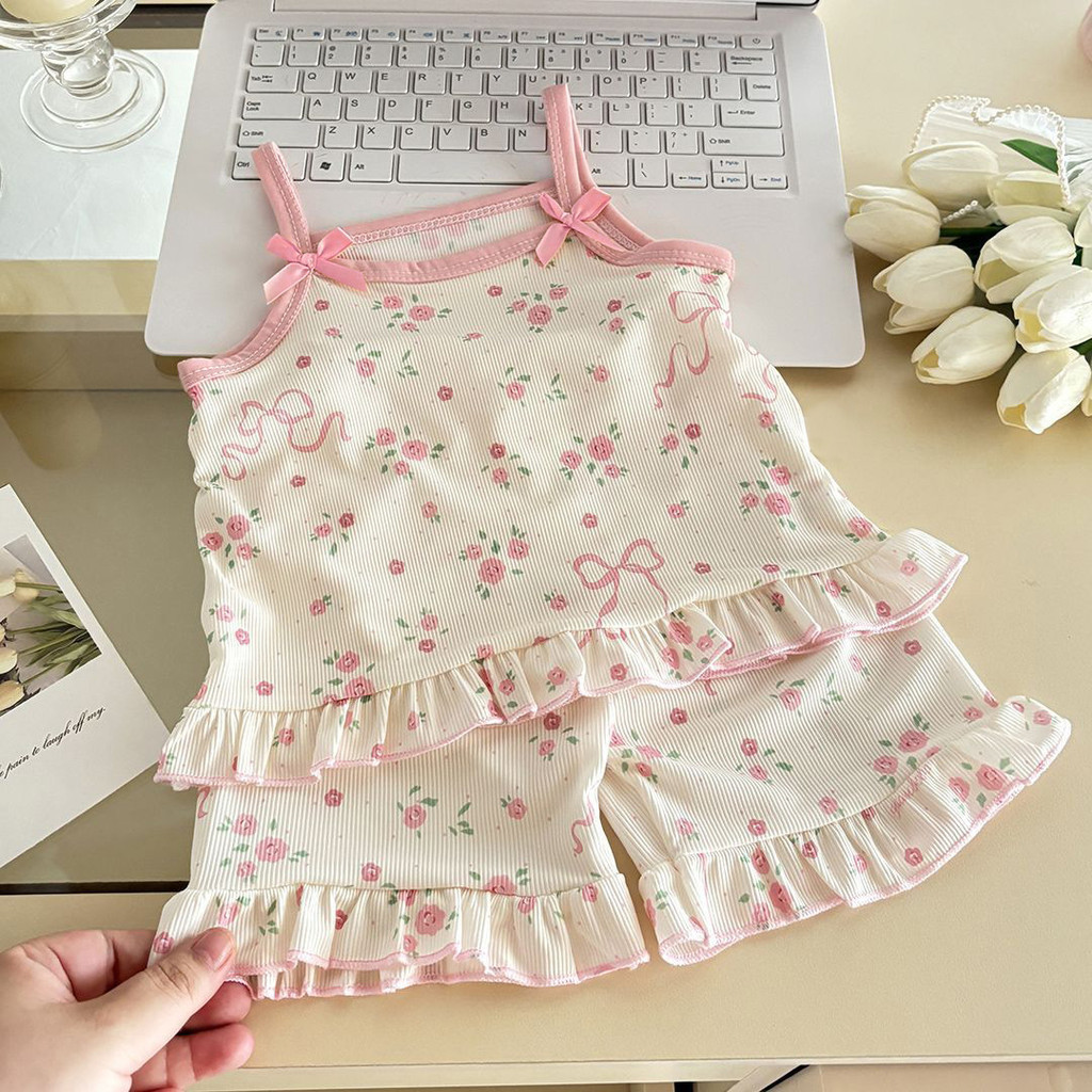 Mùa Hè Bé Gái Sling Hoa Homewear Ice Silk Mỏng Hoạt Hình Phong Cách Phương Tây Bộ Đồ Hai Mảnh 80-140 Size 6ZF5
