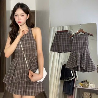 Set áo yếm kẻ sọc dáng xòe kèm chân váy caro chữ A, Set đồ nữ cổ yếm buộc nơ chiết eo xòe tiểu thư