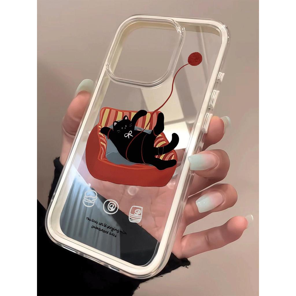 Ghế sofa đỏ nằm phẳng mèo đen cho 16 trường hợp iPhone 17Air 3 trong 1 bezel 14 13 11Pro