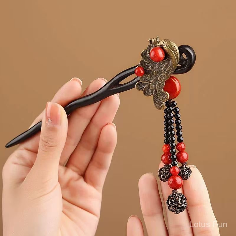 Độc đáo kẹp tóc tua rua bước lắc cây mun, phong cách dân tộc cao cấp phù hợp với trang phục Hanfu