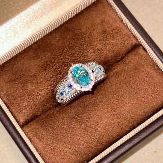 Nhẫn nữ đá zircon xanh biển họa tiết hoa, phong cách châu âu mỹ hiện đại
