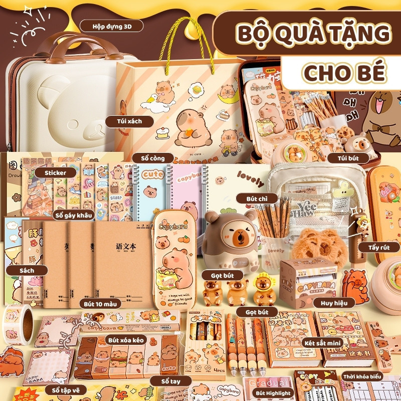 Hộp quà văn phòng phẩm độc đáo, bộ đồ dùng học tập và túi đựng bút với chú Capybara, quà 1/6 hoàn hảo cho học sinh cấp 1