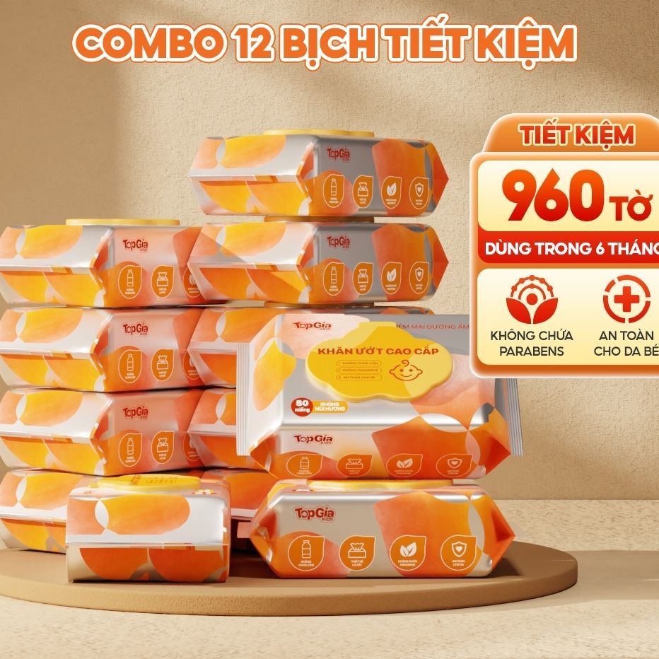 Khăn ướt TOPGIAKIDS chuẩn 3K không mùi, không cồn, không parabens - an toàn cho sức khỏe người dùng.