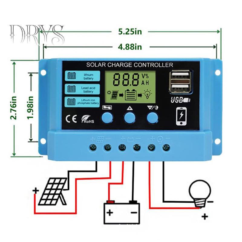 (TFT) Bộ điều khiển sạc năng lượng mặt trời 30A 20A 10A 12V 24V Bảng điều khiển năng lượng mặt trời tự động Bộ điều khiển LCD PV cho pin chì, USB kép MỚI