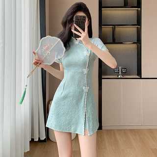 Bộ hai mảnh váy và quần short cheongsam cải tiến phong cách Trung Quốc mới, chất liệu jacquard mùa hè.