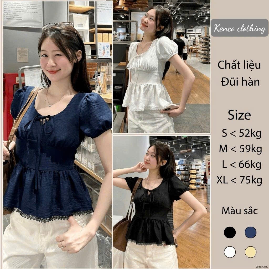 Áo Kiểu Nơ Buộc Bo Eo Tay Bồng Pha Ren A311733Thời Trang Nữ Bigsize