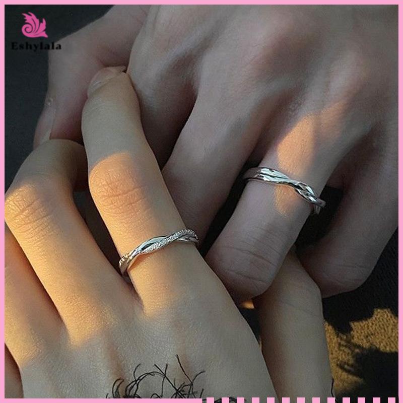 Bộ nhẫn cặp đôi bạc đơn giản Eshylala, Nhẫn đeo tay có thể điều chỉnh cho nam và nữ, Quà tặng kỷ niệm [MỚI]
