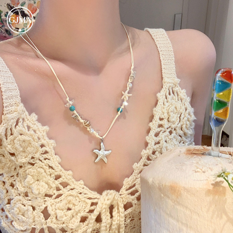 Vòng cổ dệt đính cườm sao biển và vỏ, phụ kiện phong cách đi biển
