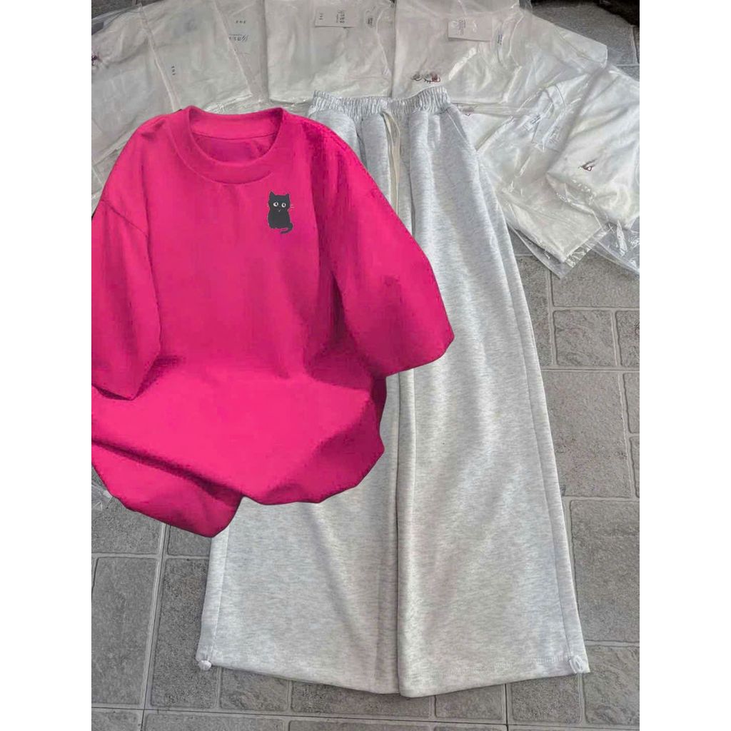 Bộ quần ống rộng da cá xám tiêu dài + phối áo phông form rộng unisex hình con CÚ