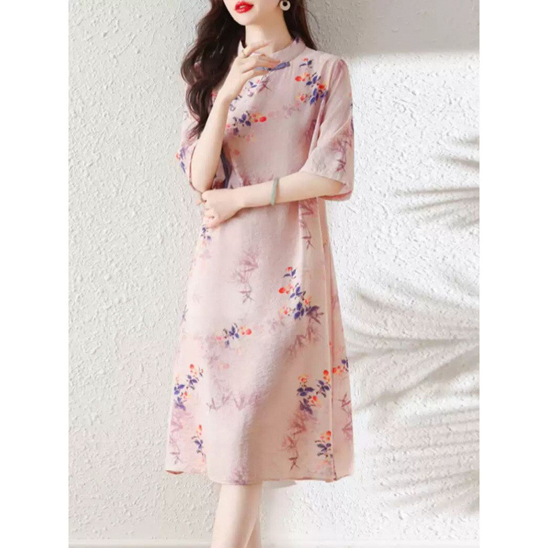 Váy dáng chữ A cổ đứng in họa tiết cổ điển mùa hè phong cách Trung Quốc, váy dài thanh lịch dành cho nữ
