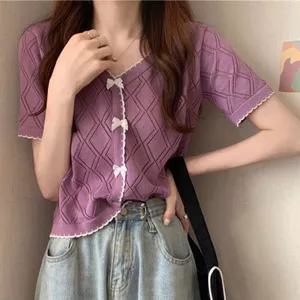 Áo len dệt kim cổ chữ V ngắn tay có nơ,form vừa vặn, phù hợp mùa hè
