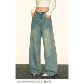 DADUlily | Curved Wide Leg Denim Jeans Thêu Đính Đá Low Waist Form Rộng Tôn Dáng Street 9161