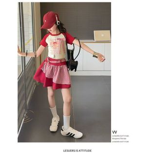 Set đồ cho bé gái áo thun tay ngắn - chân váy caro phong cách Hàn Quốc dễ thương