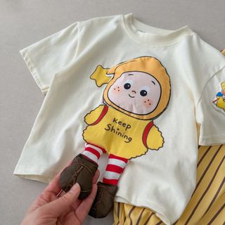 Bộ đồ cho bé - áo thun tay ngắn in hình 3D + quần sọc dáng rộng dễ thương thoáng mát mùa hè