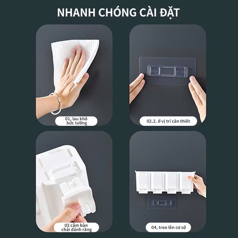 Bộ Nhả Kem Đánh Răng Tự Động- 4 cốc, Kệ Để Bàn Chải Kem Đánh Răng, Kệ để đồ phòng tắm đa năng lắp đặt dính tường kèm cốc