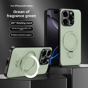 Ốp Điện Thoại Cho Iphone 16e 14 15 16 Pro Max Da Kim Loại Ống Kính Bảo Vệ Từ 360 Chân Đế TPU + PC Bao