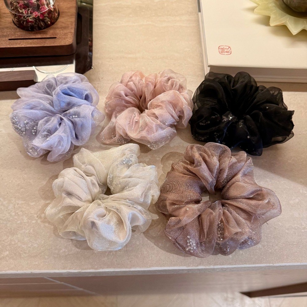Dây buộc tóc lưới hai lớp phong cách mới, gắn kim cương giả cao cấp organza