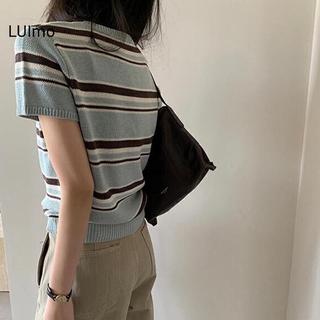LUImo Hàn Quốc - Áo sơ mi retro sọc cổ tròn tay ngắn nữ SBS