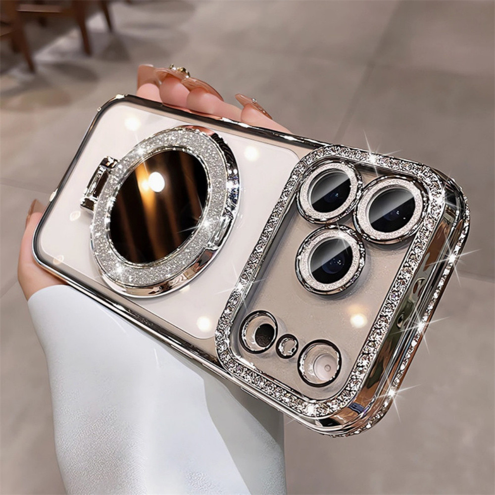 Ốp Điện Thoại Đứng Gương Kim Cương Flash Sang Trọng Cho iPhone 17 Pro Max 16 13 14 15 Pro Max Bao Gồm Bảo Vệ Ống Kính Máy Ảnh Vỏ Mềm Vỏ Điện Thoại Vỏ Bảo Vệ