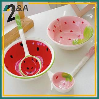 L & A Bát gốm hình dưa hấu kèm thìa, dùng cho ngũ cốc, ramen, canh, hoa văn trái cây