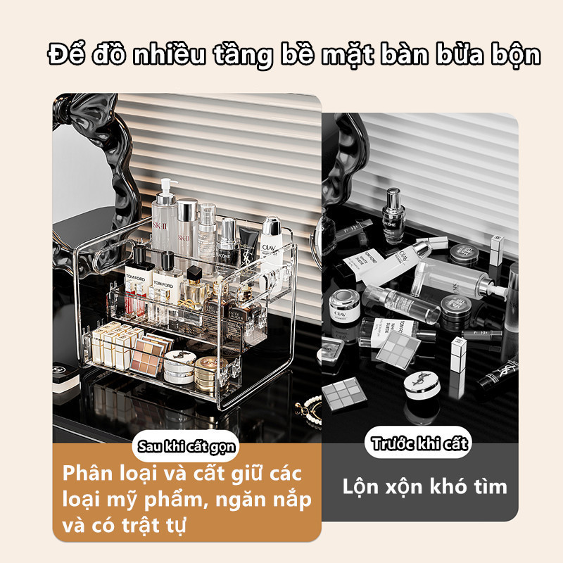 Kệ Trang Điểm 3 Tầng Trong Suốt Phong Cách Tối Giản - Hộp Đựng Mỹ Phẩm, Nước Hoa Có Tay Cầm, Chất Liệu PET Bền Đẹp