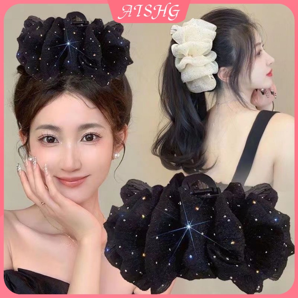 AISHG Bầu Trời Đầy Sao Lưới Gấp Đám Mây Bong Bóng Tóc Tính Khí Công Chúa Nơ Thời Trang Cá Mập Kẹp Tóc Phụ Kiện