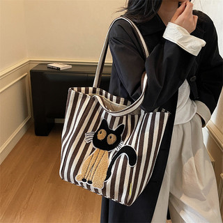 Thời Trang Vải Sọc Túi Tote Nữ Phong Cách Mới Dung Tích Lớn Mèo Dễ Thương Thêu Di Động Phong Cách Phương Tây Nách Đặt Hàng Túi Đeo Vai