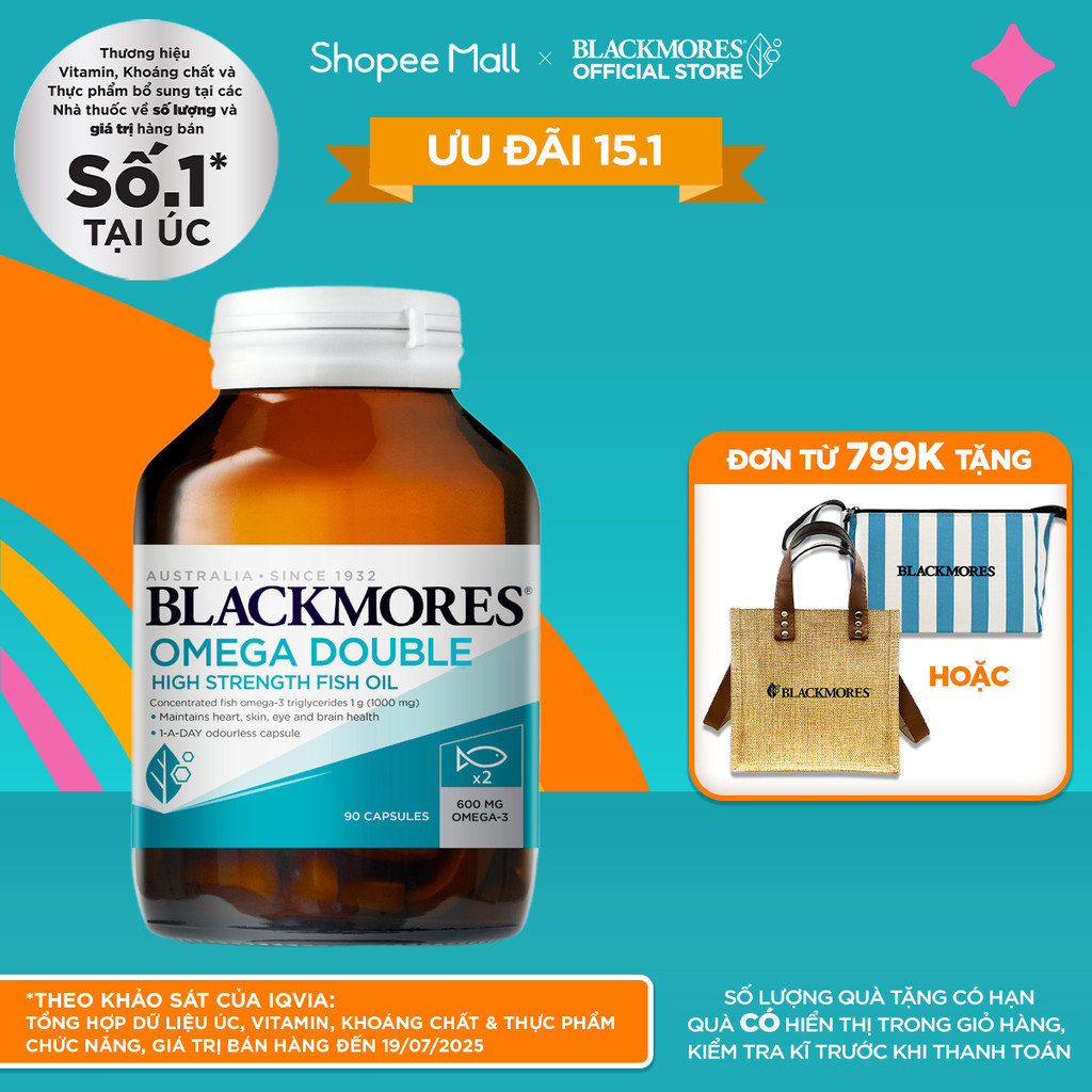 Viên Uống Dầu Cá Bổ Sung Omega Hỗ Trợ Cho Tim, Mắt, Da Blackmores Double Omega High Strength Lọ 90 Viên