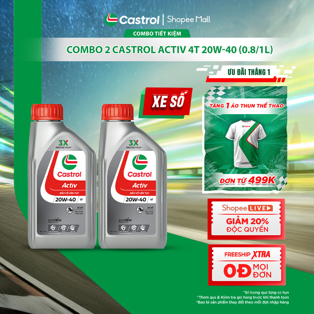 COMBO 2 Dầu nhớt xe số Castrol ACTIV 4T 20W-40 (0.8L/1L)