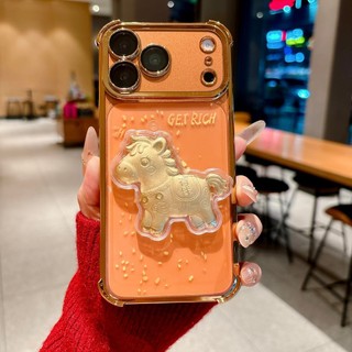 Làm Giàu 3D Vàng Bảo Vệ Ống Kính Ngựa Mạ Trong Suốt Wrsit Dây Xích Điện Thoại Cho iPhone 17Promax 17Pro 12 13 14 15 16 Pro Max 16Plus 11 Vỏ Di Động Mềm