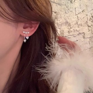 Bông tai bạc 925 với zircon lấp lánh và trái tim ngọc trai, thiết kế ngọt ngào phong cách Hàn Quốc