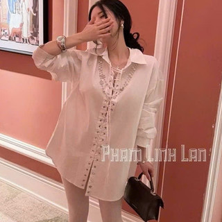 Áo Sơ Mi Nữ Corset Đan Dây Dáng Dài .Double - Six. Somi Trắng Dây Rút Giấu Quần.