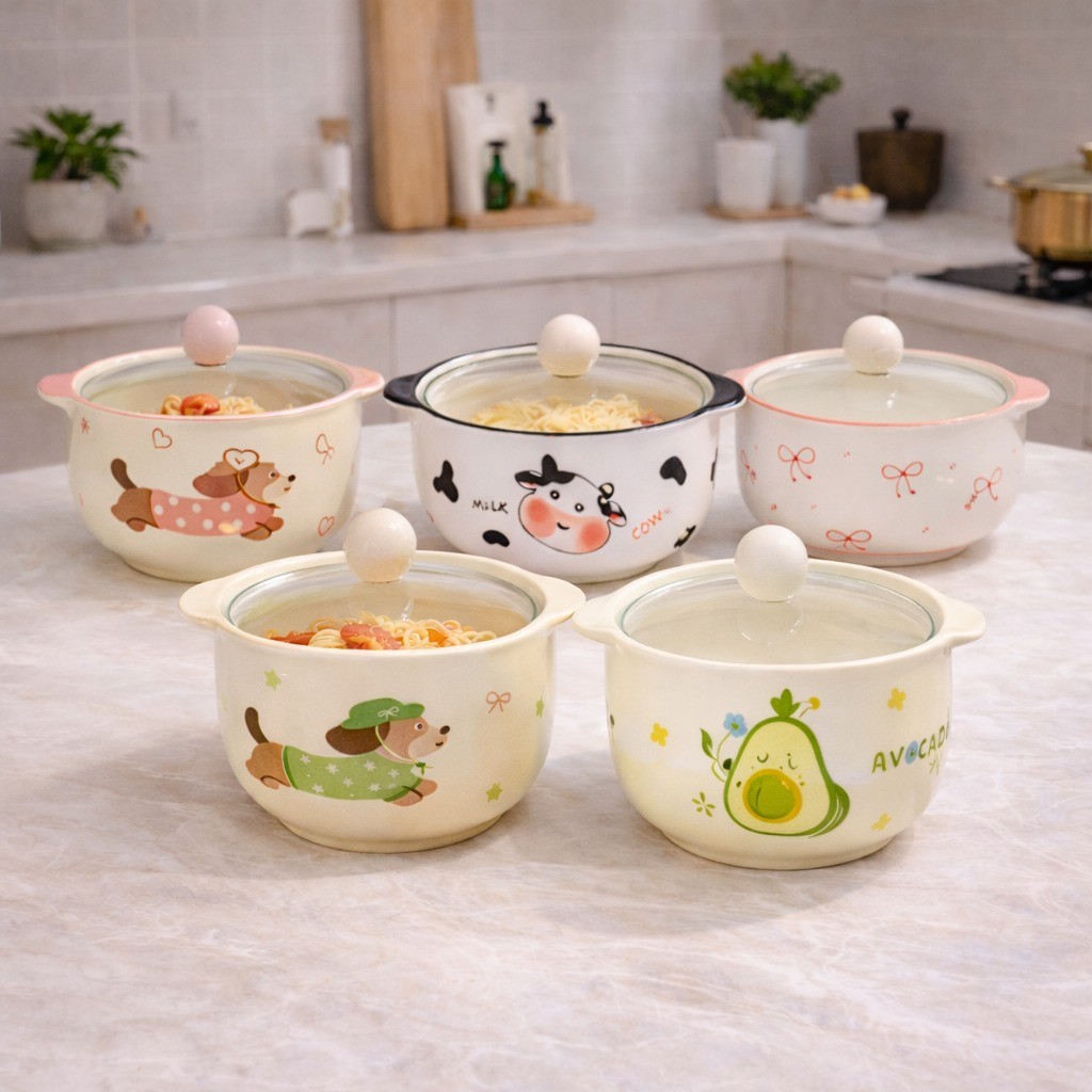 Tô Ăn Mỳ Ăn Cơm Sứ 800ml Có Nắp Kính – Bát Tô Cute Dùng Hàng Ngày, Decor Bàn Ăn