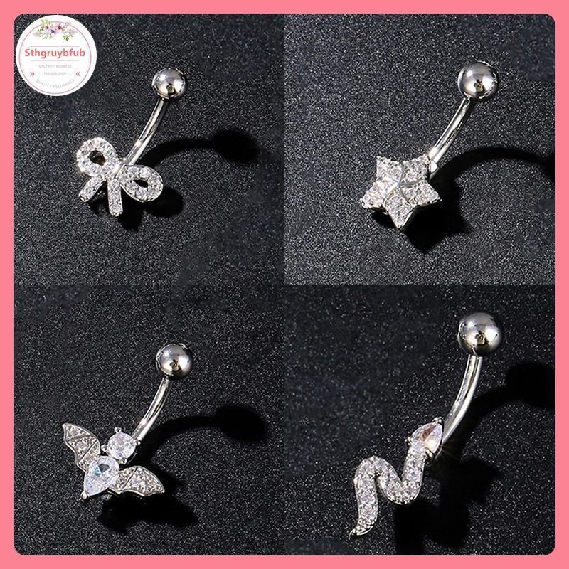 Nhẫn Rốn Xuyên Bụng Thép Không Gỉ với Nút Nơ Trái Tim Zircon - Trang Sức Gợi Cảm