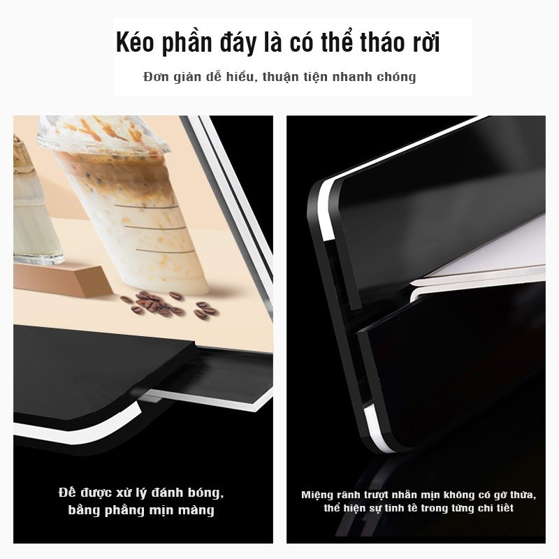 Bảng menu quán cà phê mica trong suốt – Kệ menu để bàn thẩm mỹ, dùng đặt QR thanh toán, QR gọi món
