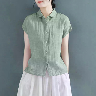 Áo sơ mi nữ dáng rộng, ngắn tay, chất liệu vải lanh cotton