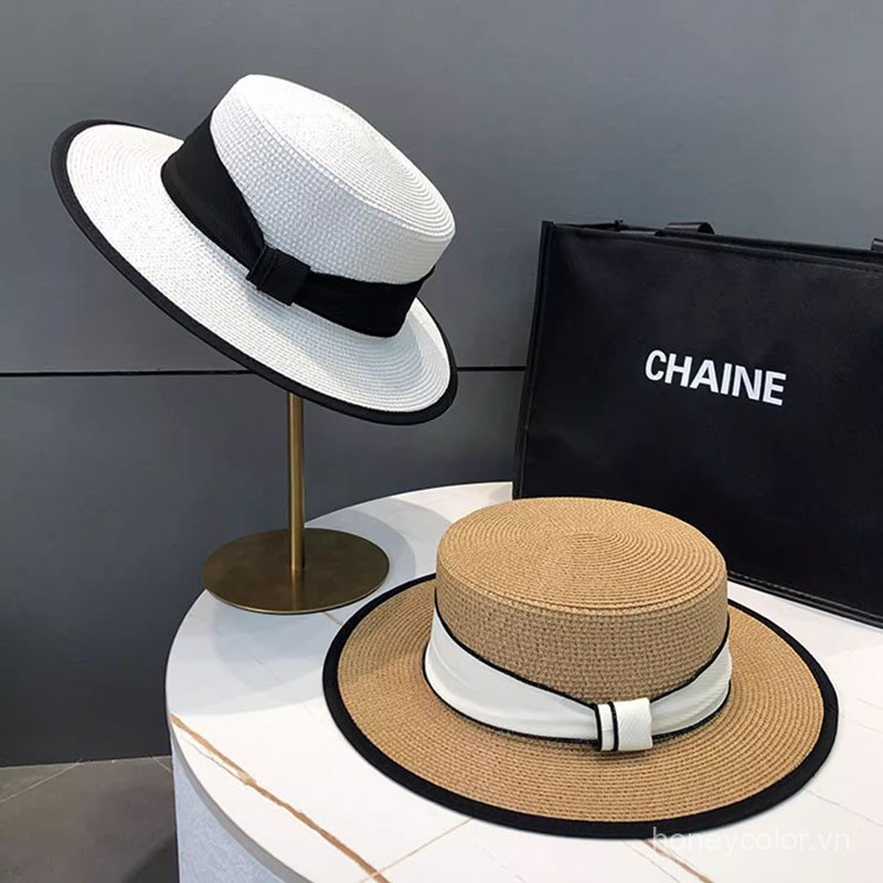 Mũ rơm phẳng kiểu Pháp mới dành cho nữ mùa hè ống hút fedora bên bờ biển chống nắng mũ đi biển mũ chống nắng