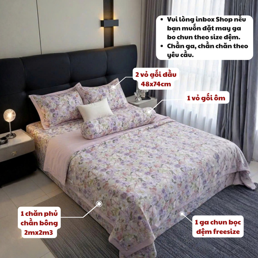 (SCB85)Bộ Chăn Ga Gối Lụa Họa Tiết Hoa Nhí Mang Phong Cách Dễ Thương, Điệu Đà - MemMinbedding Luxury
