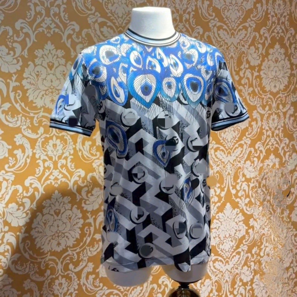 Áo Thun Lông Công Xanh Trắng Họa Tiết Hình Học KCloset Áo Phông Cotton Dày Dặn Unisex NA124