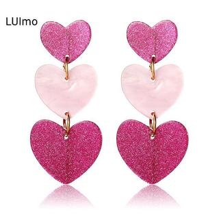 Mặt dây chuyền thả tòn ten và bông tai dài hình trái tim màu hồng, trang sức acrylic phong cách Hàn Quốc