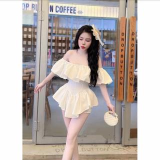 Set Áo Đầm Bèo Tiểu Thư Trễ Vai Nhún Eo Dáng Ngắn Xoè Kèm Quần Bí Ld_Store Fashion