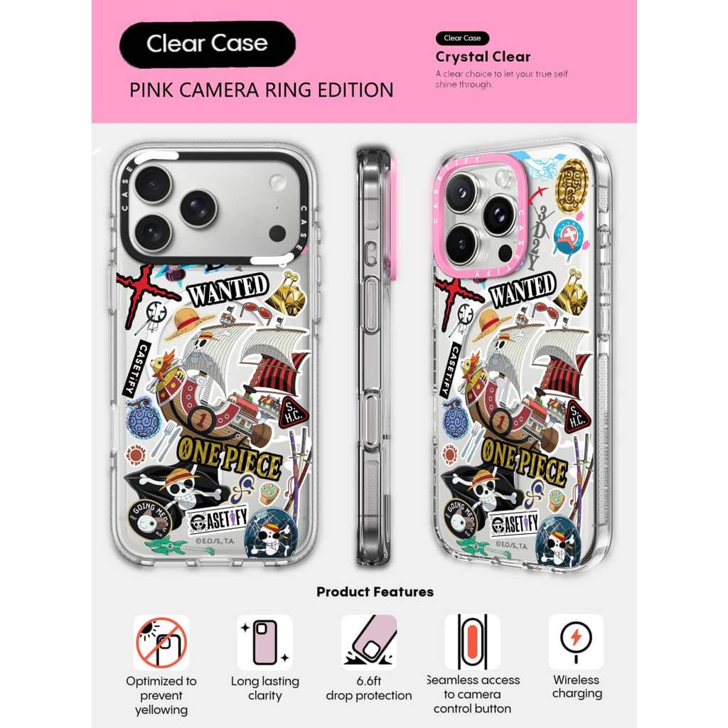 CASECASE X ONE PIECE Luffy Gears Evolution Sticker Case HỒNG CAMERA RING EDITION Tác động Vỏ hút từ trong suốt cho IPhone 17 / 16 / 15 / 14 / 13 Pro Max Air với bao bì cao cấp