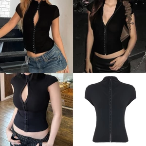 Áo sơ mi ngắn tay GODD Móc trước và áo mắt có cổ có gân Crop