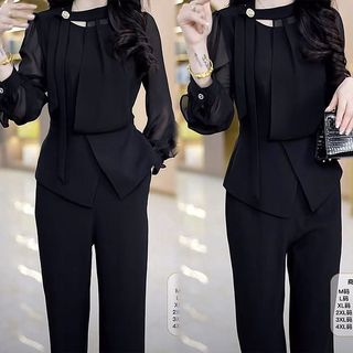 Set bộ nữ thanh lịch sang trọng,áo voan tay dài thời trang,Phong cách công sở thanh lịch,Phù hợp đi làm, đi tiệc